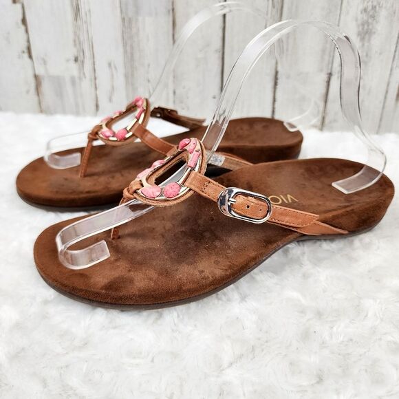 Vionic Ricci Brown Leather Rhinestone Sandals Size 7 - Picture 2 of 9